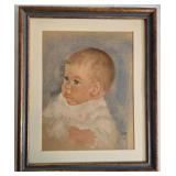 1967 Pastel Baby Portrait in Ornate Wood Frame - Framed and Signed Print