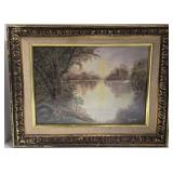 Landscape Painting - Lake Sunset in Ornate Frame - Signed Harold