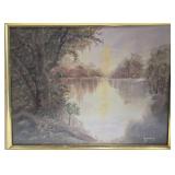 Landscape Painting - Lake Sunset in Ornate Frame - Signed Harold