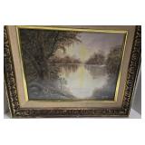 Landscape Painting - Lake Sunset in Ornate Frame - Signed Harold