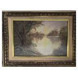 Landscape Painting - Lake Sunset in Ornate Frame - Signed Harold