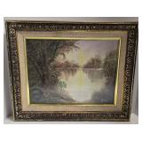 Landscape Painting - Lake Sunset in Ornate Frame - Signed Harold