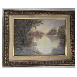 Landscape Painting - Lake Sunset in Ornate Frame - Signed Harold