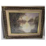 Landscape Painting - Lake Sunset in Ornate Frame - Signed Harold