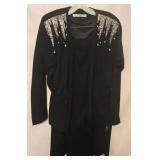 Vintage Black Wool Suit Set, Black with Crystal Embellishments - Size 14