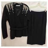 Vintage Black Wool Suit Set, Black with Crystal Embellishments - Size 14