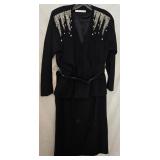 Vintage Black Wool Suit Set, Black with Crystal Embellishments - Size 14