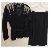 Vintage Black Wool Suit Set, Black with Crystal Embellishments - Size 14
