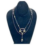 Art Deco Czech Glass Necklace - Purple Red Large Center Stone Pendant, 24 in Length