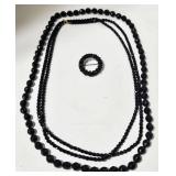 Black Bead Jewelry Set - 2 Necklaces & 1 Brooch
