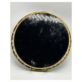 Vintage Lacquered Round Tray - Hand Painted Bamboo Design Signed Wicker Woven Rim