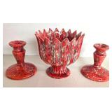 Mid Century Splatterware Red Ceramic Candle Holders & Planter - 3-Piece Set