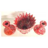 Mid Century Splatterware Red Ceramic Candle Holders & Planter - 3-Piece Set
