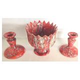 Mid Century Splatterware Red Ceramic Candle Holders & Planter - 3-Piece Set