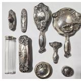 Sterling Silver Vanity Set - Hand Mirror, Hairbrush, Powder Box & Accessories - 1 PC ADDED