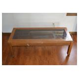Wooden Coffee Table with Glass Top on Casters - Vintage Mid-Century