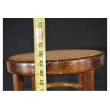 Vintage Wooden Plant Stand - Woven Cane Seat, Curved Legs & Brass Foot Rings