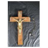 Crucifix With Gold-Tone Jesus On Wooden Cross, INRI Plaque, Rosary Chain Included