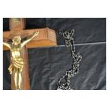 Crucifix With Gold-Tone Jesus On Wooden Cross, INRI Plaque, Rosary Chain Included