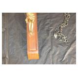 Crucifix With Gold-Tone Jesus On Wooden Cross, INRI Plaque, Rosary Chain Included