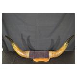 Natural Longhorn Bull Horns on Carved Wood Stand with Rope Wrap - 60 in Overall