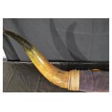 Natural Longhorn Bull Horns on Carved Wood Stand with Rope Wrap - 60 in Overall