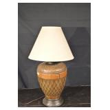 Wicker Basket Table Lamp with Leather Belt Accent