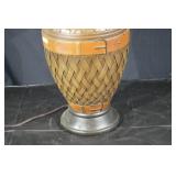 Wicker Basket Table Lamp with Leather Belt Accent