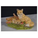 Fox Family Figurine - Hand-Painted Resin Sculpture with Cubs on Green Base