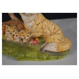 Fox Family Figurine - Hand-Painted Resin Sculpture with Cubs on Green Base