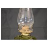 Antique Green Glass Oil Lamp with Clear Chimney & Brass Burner