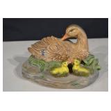 Duck Figurine - Mother Duck With Two Ducklings On Rock Base
