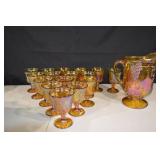 Grapes & Leaves Carnival Glass Goblets with Pitcher - Iridescent Amber Set