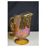 Grapes & Leaves Carnival Glass Goblets with Pitcher - Iridescent Amber Set