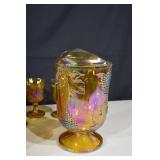 Grapes & Leaves Carnival Glass Goblets with Pitcher - Iridescent Amber Set