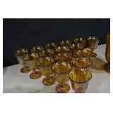 Grapes & Leaves Carnival Glass Goblets with Pitcher - Iridescent Amber Set