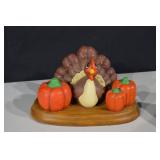 Turkey Figurine with Pumpkins on Wood Base - Thanksgiving Decor