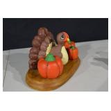 Turkey Figurine with Pumpkins on Wood Base - Thanksgiving Decor