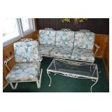 Wrought Iron Patio Furniture Set - 3-Piece Floral Cushioned Sofa, Chair & Glass Coffee Table