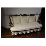 Antique Carved-Wood Settee Sofa - Beige Striped Upholstery, Skirted Base