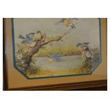 Framed Bird Print with Blue Octagonal Mat - Pond Scene