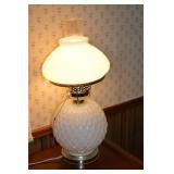 Milk Glass Table Lamp with Diamond Pattern Base - Pull Chain