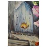 Framed Floral Painting - Pink Roses on Weathered Wood with Blue Mat