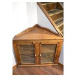 Vintage Oak Corner Cabinet with Wire Mesh Doors - 2 Shelves