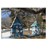 La Bird Cafe Birdhouse Decor Set - Hanging Floral Blue Birdhouses (Lot of 2)