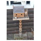 Hand-Carved Wooden Birdhouse on Turned Post Pedestal - Rustic Garden Decor