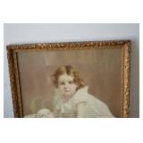 Portrait - Framed Vintage Photo of a Girl with Baby, Ornate Gold Frame