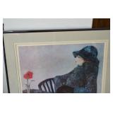 Framed Art Print - Woman in Hat with Red Flower Vase