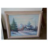Winter Landscape Painting - Framed Snowy Barn Scene with Mountains