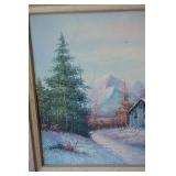 Winter Landscape Painting - Framed Snowy Barn Scene with Mountains